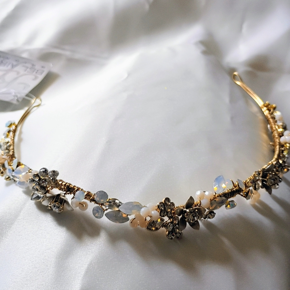 Delicate Gold Floral Crystal & Pearl Bridal Headband